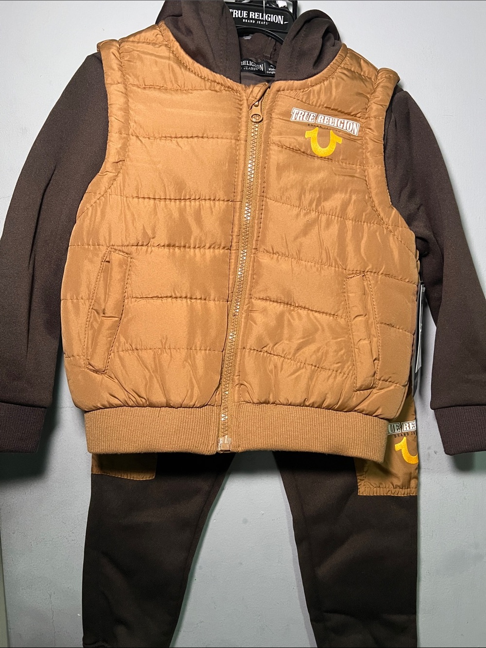 True Religion Kids' Brown Hoodie with Tan Puffer Vest Set